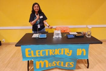 Woman stands at a table wearing electrodes and a banner reads Electricity in Muscles